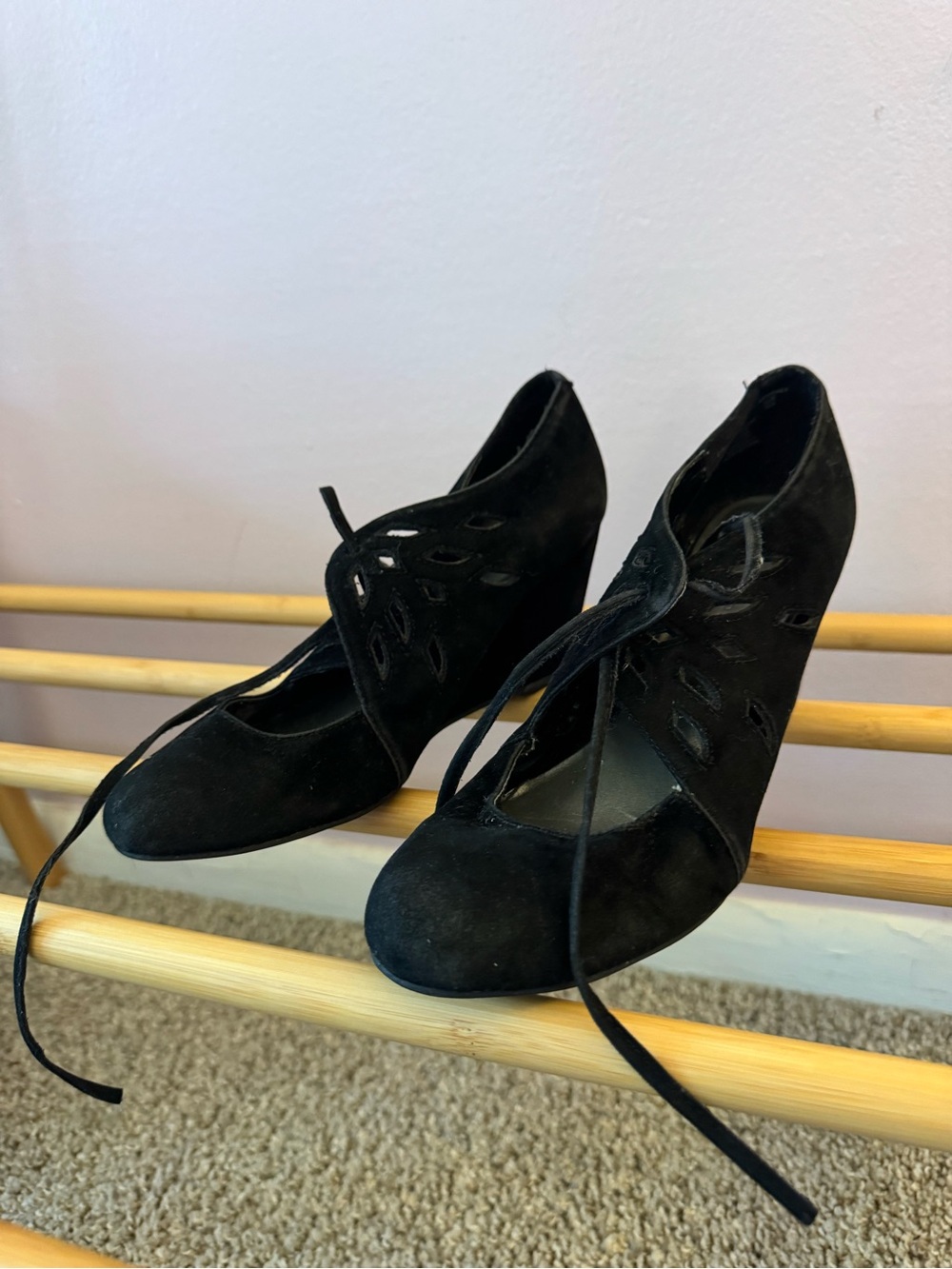 Apostrophe Black Suede Lace-Up Cutout Wedges